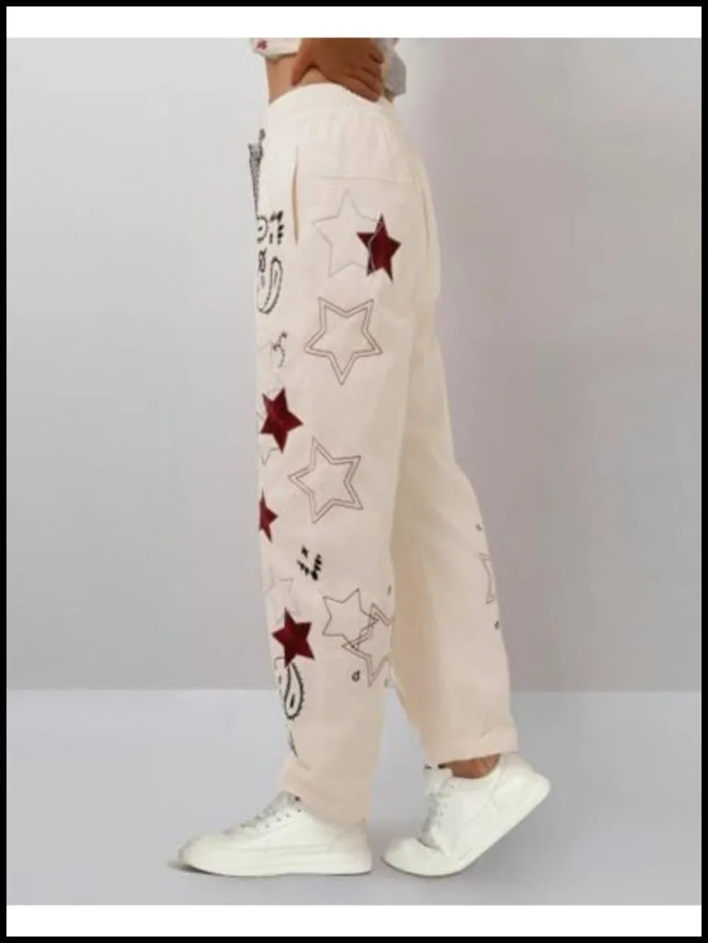 Mid Rise Barrel Starry Print Wide Leg Denim Pants for Women Embroidered Baggy